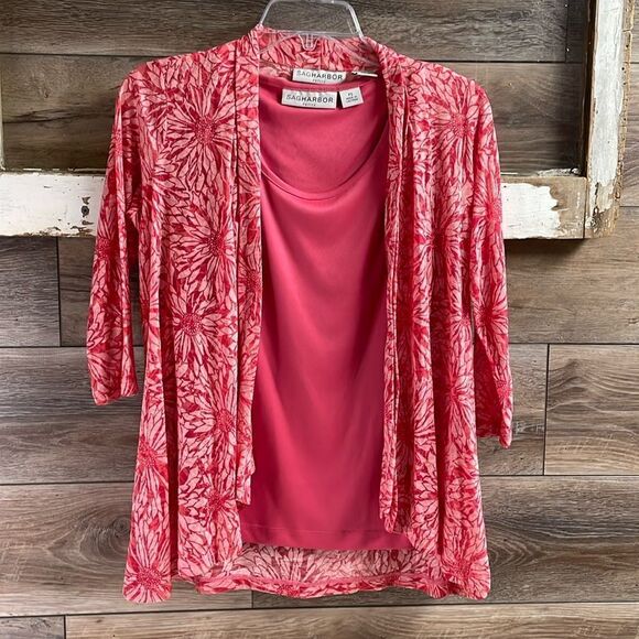 Sag Harbor Ladies 2pc Dress Blouse, Size Pete Small, Coral Floral - Picture 1 of 7